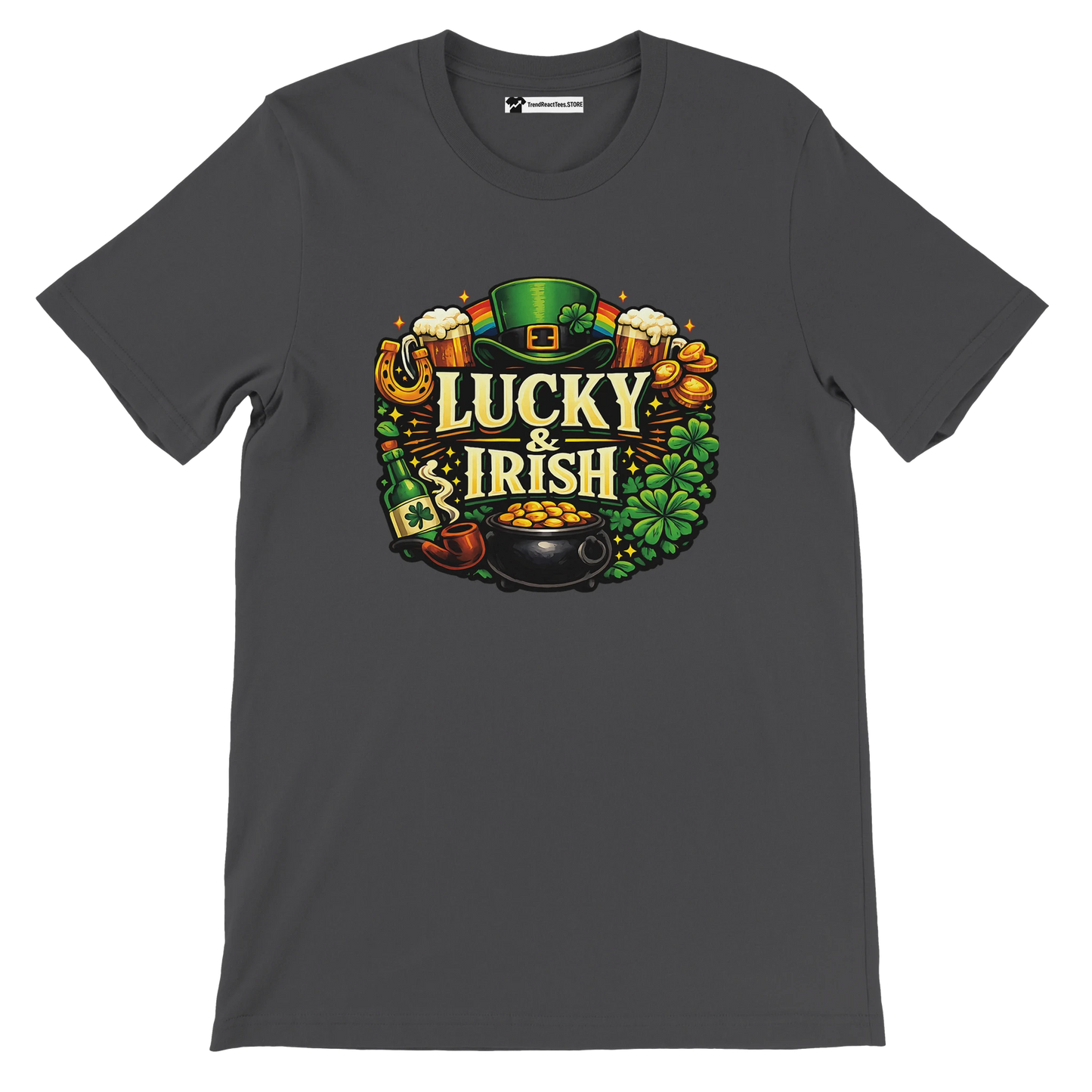 Dark tee with "Lucky & Irish" graphic, leprechaun hat, clovers, gold coins, and beer mugs