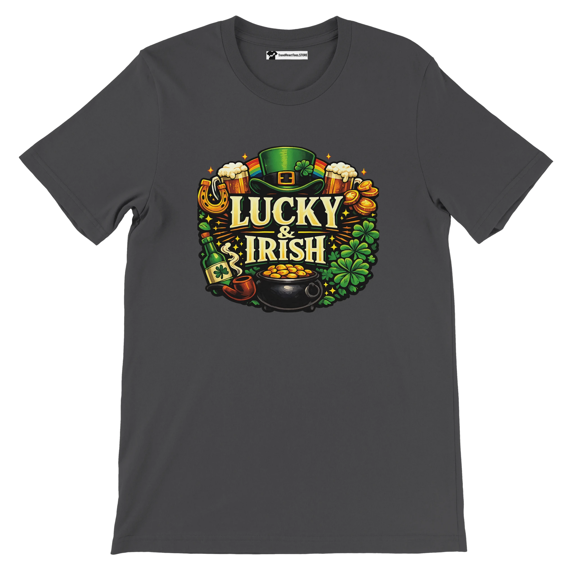Dark tee with "Lucky & Irish" graphic, leprechaun hat, clovers, gold coins, and beer mugs