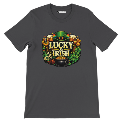 Dark tee with "Lucky & Irish" graphic, leprechaun hat, clovers, gold coins, and beer mugs