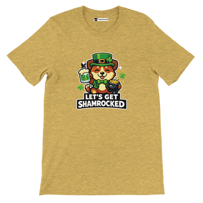 Yellow t-shirt with cute anime dog in leprechaun hat, shamrocks, and 'Let's Get Shamrocked' text.
