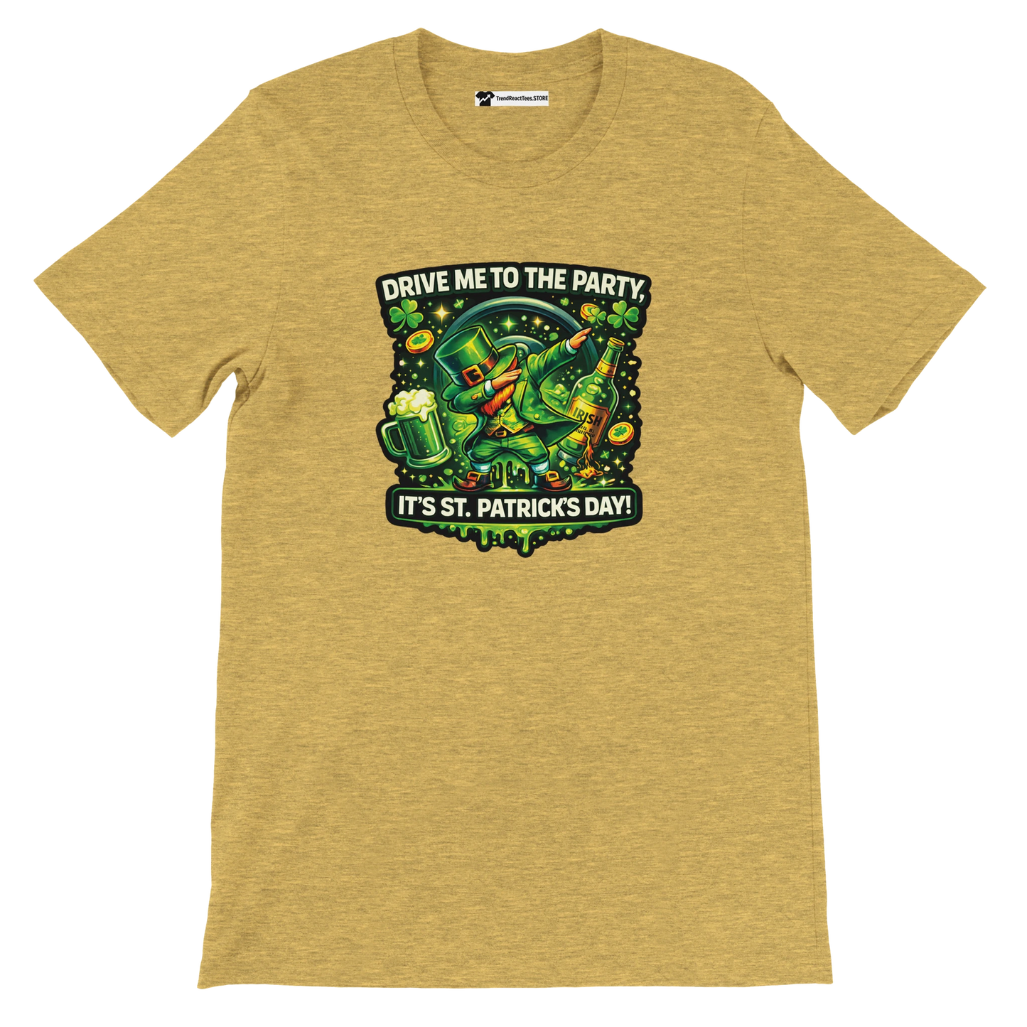 St. Patrick's Day tee with dabbing leprechaun, beer, shamrocks, and 'Drive Me to the Party' text on gold shirt