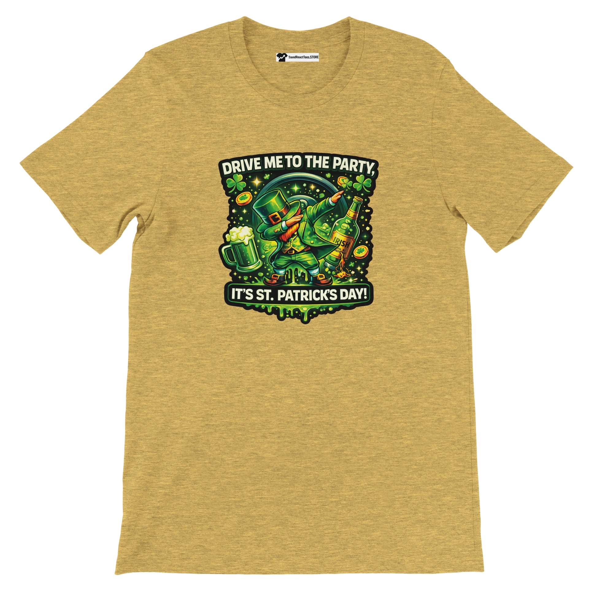 St. Patrick's Day tee with dabbing leprechaun, beer, shamrocks, and 'Drive Me to the Party' text on gold shirt