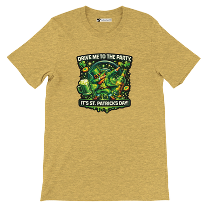 St. Patrick's Day tee with dabbing leprechaun, beer, shamrocks, and 'Drive Me to the Party' text on gold shirt