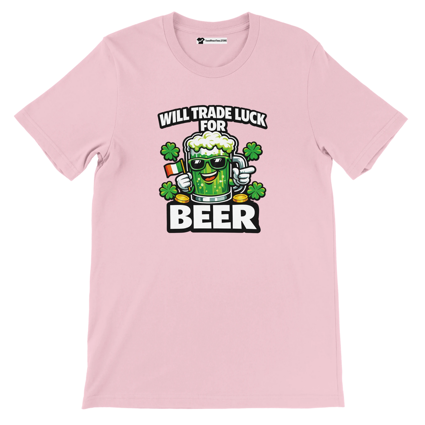 Pink St. Patrick's Day tee with 'Will Trade Luck for Beer' graphic, shamrocks, and beer mug