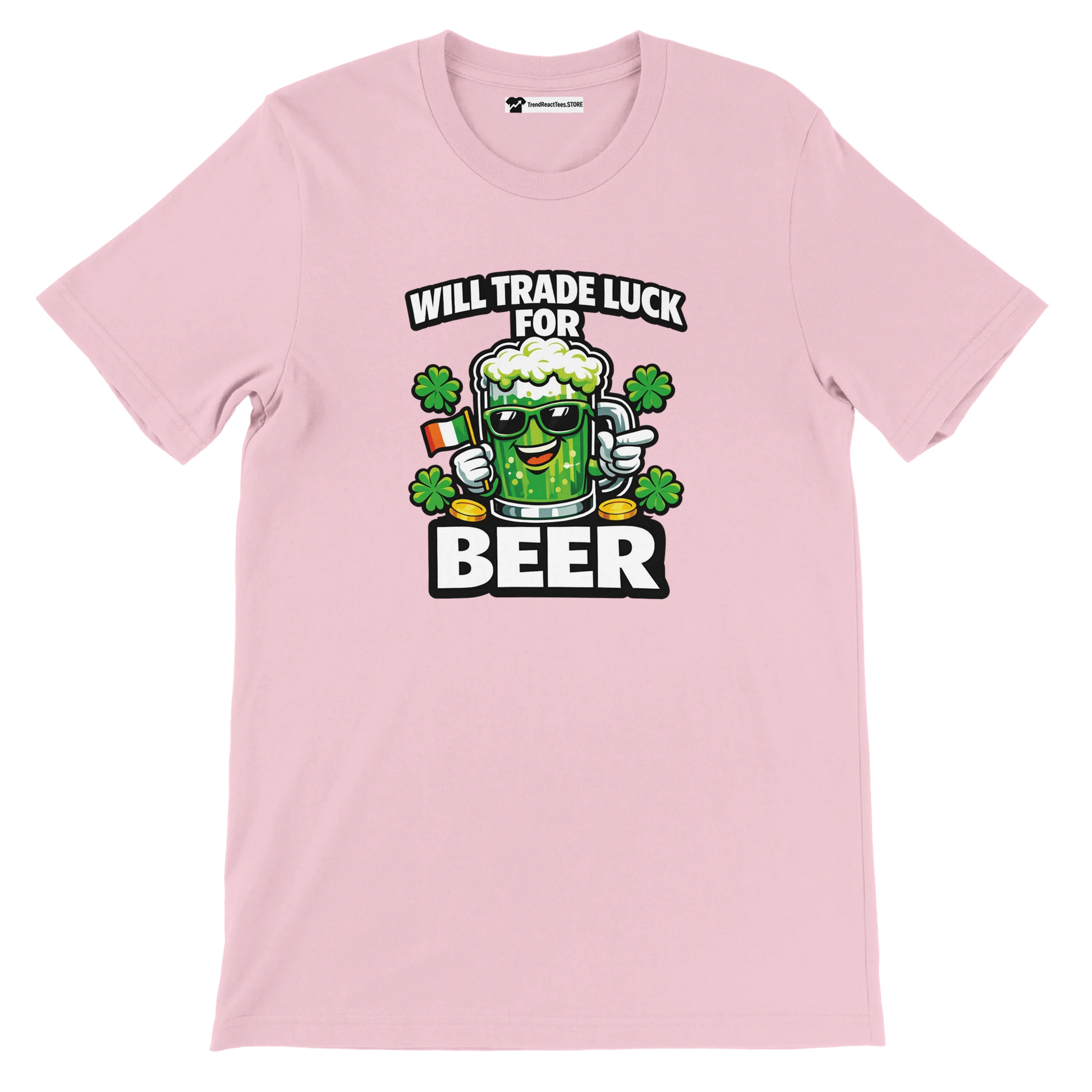 Pink St. Patrick's Day tee with 'Will Trade Luck for Beer' graphic, shamrocks, and beer mug