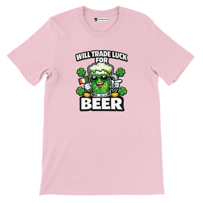 Pink St. Patrick's Day tee with 'Will Trade Luck for Beer' graphic, shamrocks, and beer mug