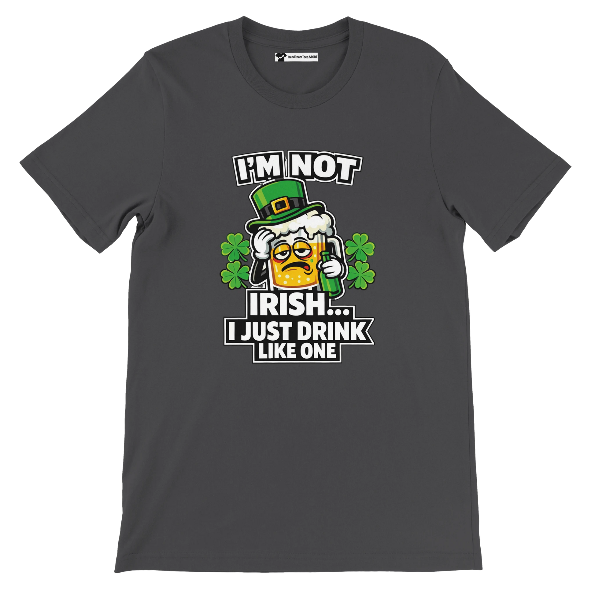 Funny St. Patrick's Day tee with beer mug, shamrocks, and 'I'm Not Irish... I Just Drink Like One' text