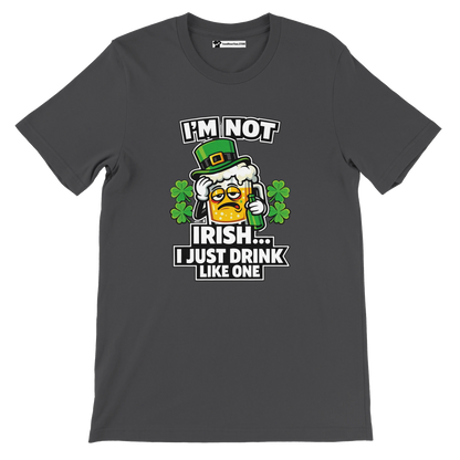 Funny St. Patrick's Day tee with beer mug, shamrocks, and 'I'm Not Irish... I Just Drink Like One' text