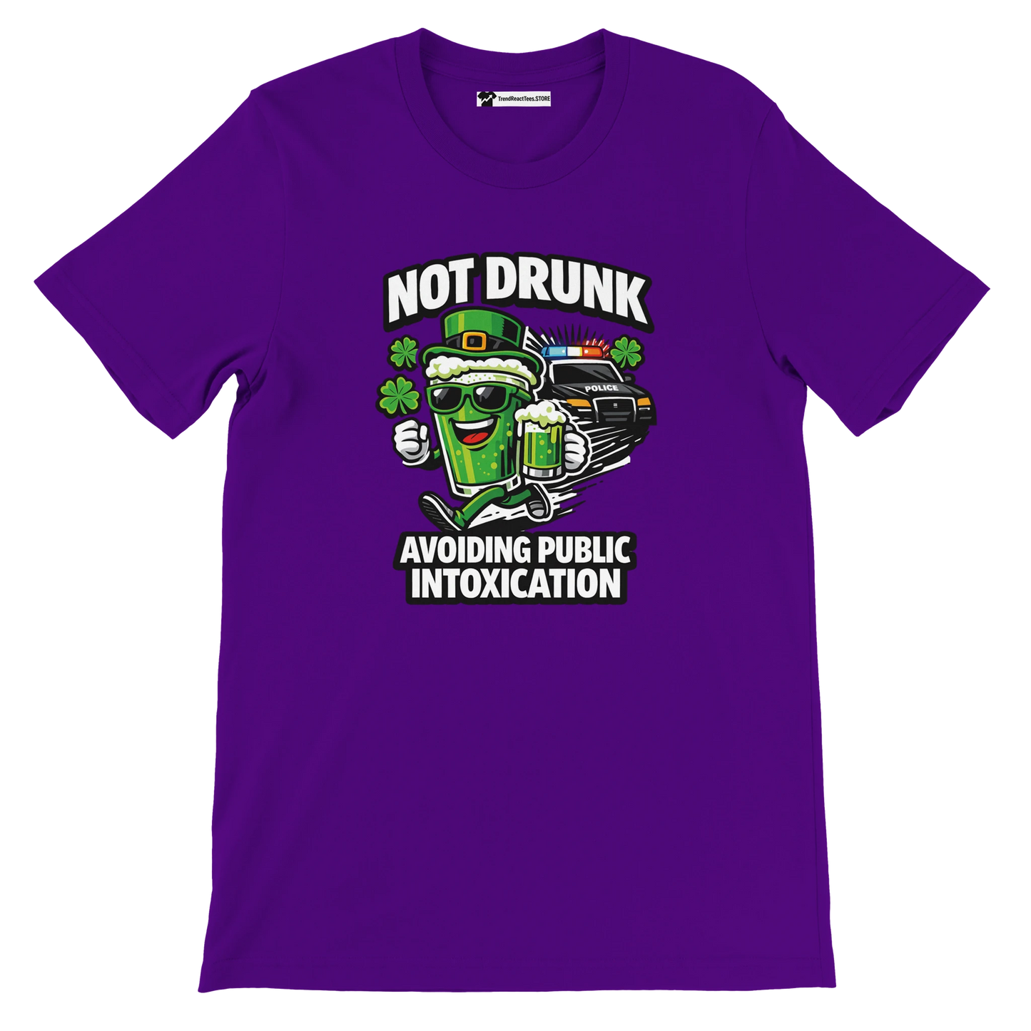Purple t-shirt with cartoon beer mug, Irish hat, shamrocks, police car, and funny quote graphic.
