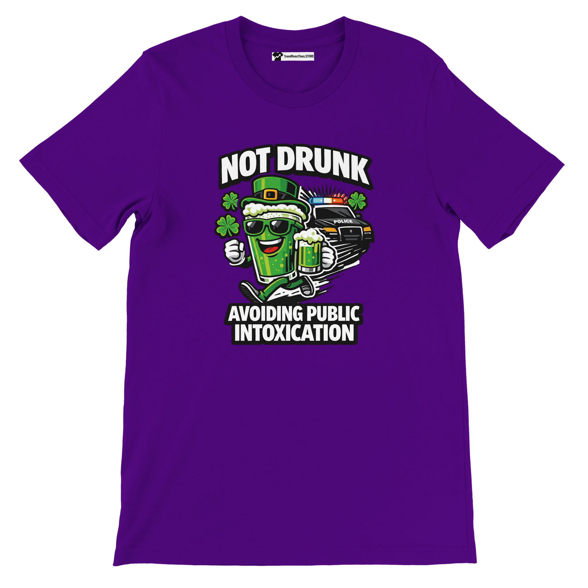 Purple t-shirt with cartoon beer mug, Irish hat, shamrocks, police car, and funny quote graphic.