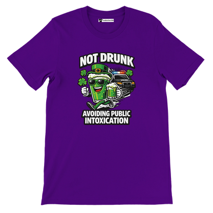 Purple t-shirt with cartoon beer mug, Irish hat, shamrocks, police car, and funny quote graphic.