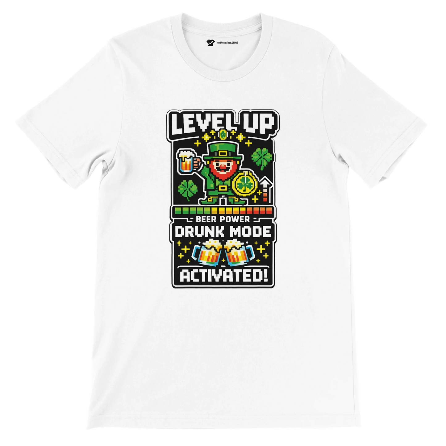 White tee with pixel art leprechaun, shamrocks, beer, 'Level Up Drunk Mode Activated' text for St. Patrick's Day