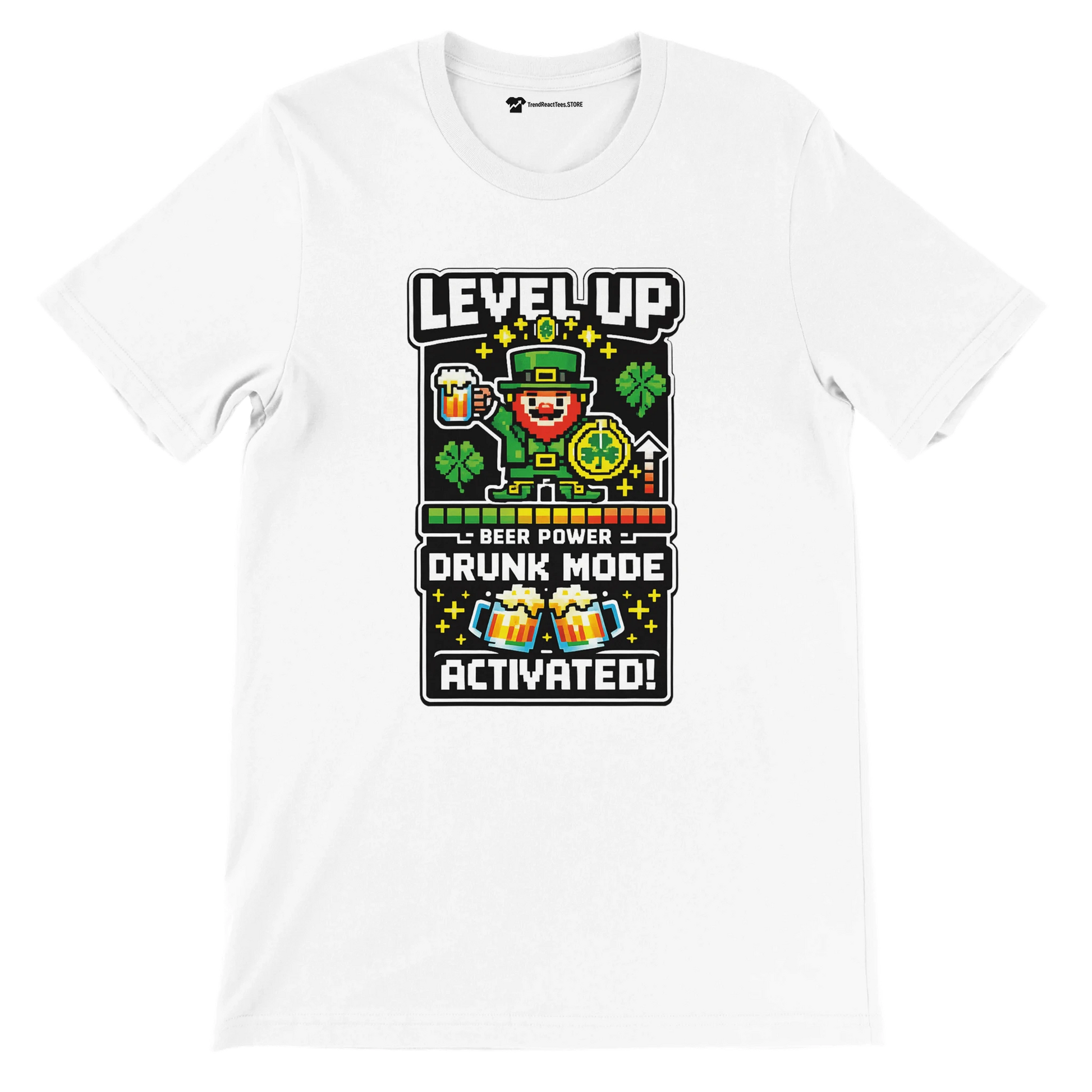 White tee with pixel art leprechaun, shamrocks, beer, 'Level Up Drunk Mode Activated' text for St. Patrick's Day
