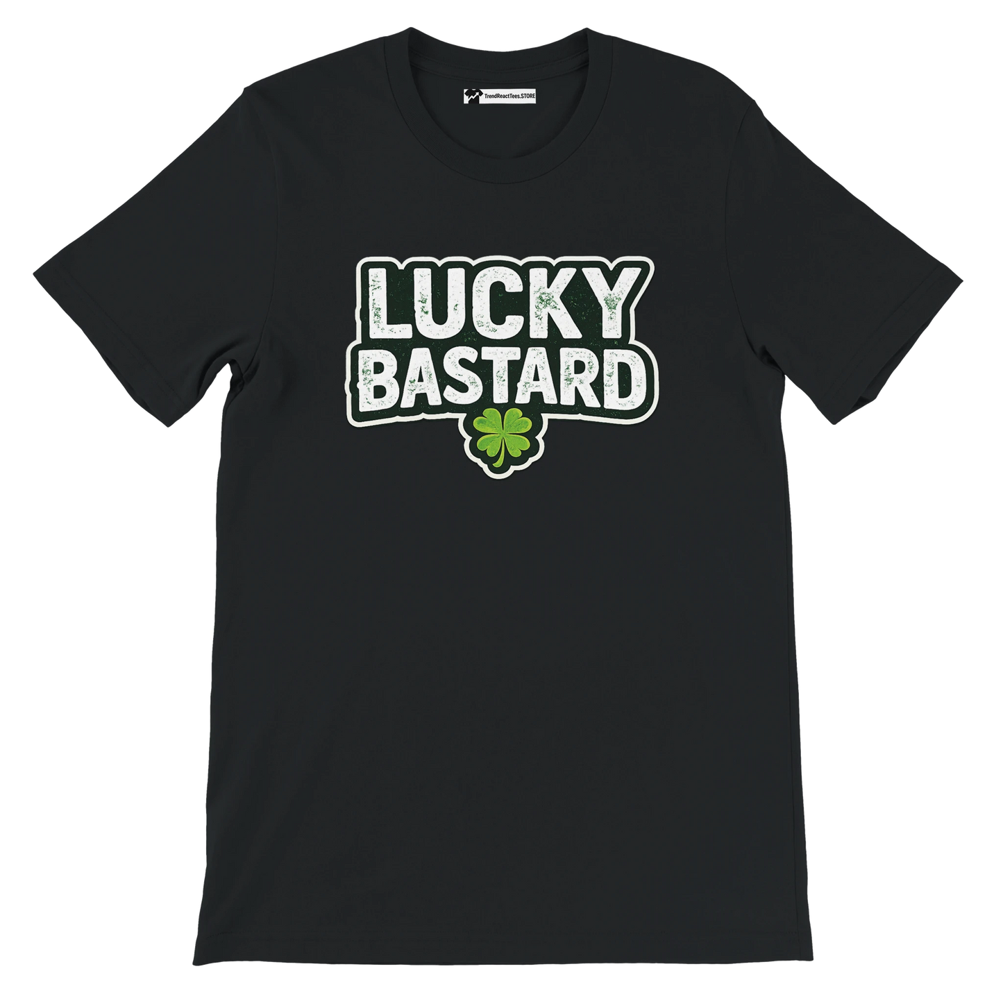 Black Lucky Bastard tee with shamrock graphic, St. Patrick's Day holiday apparel