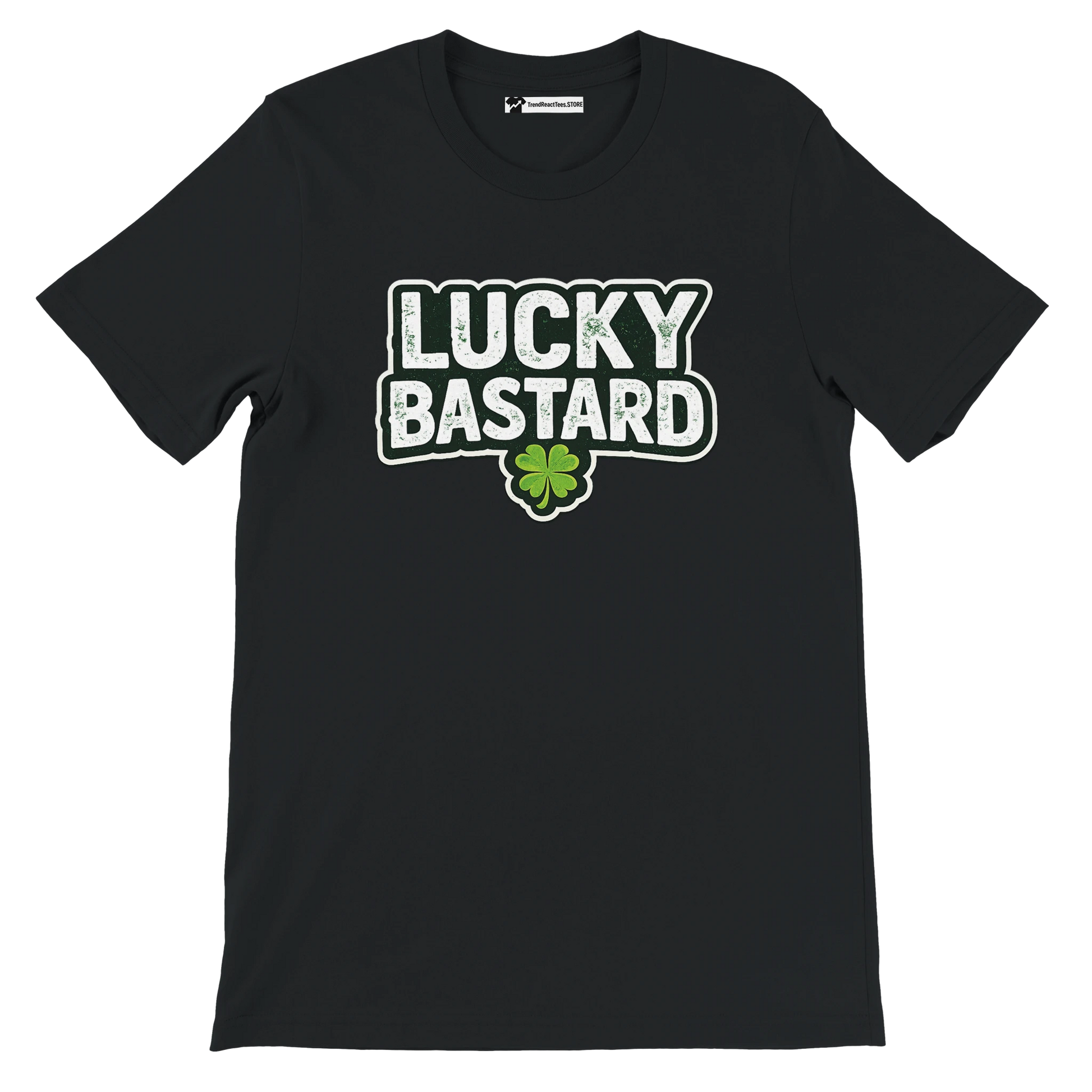 Black Lucky Bastard tee with shamrock graphic, St. Patrick's Day holiday apparel