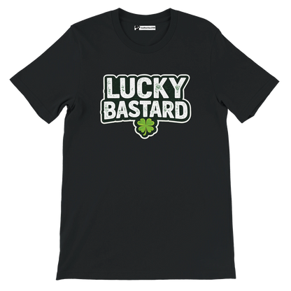 Black Lucky Bastard tee with shamrock graphic, St. Patrick's Day holiday apparel