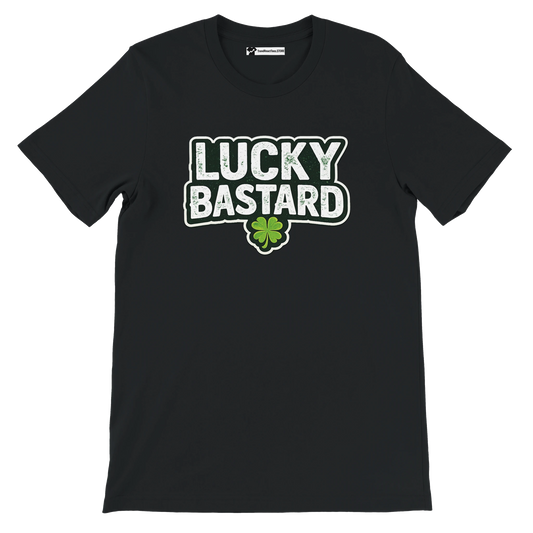 Black Lucky Bastard tee with shamrock graphic, St. Patrick's Day holiday apparel