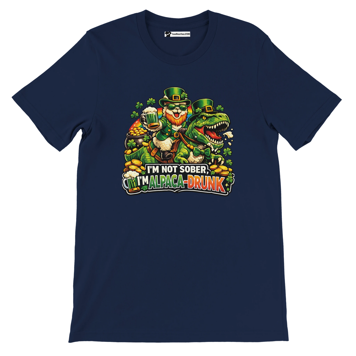 Funny St. Patrick's Day tee with leprechaun, dinosaur, and 'I'm Alpaca-Drunk' text