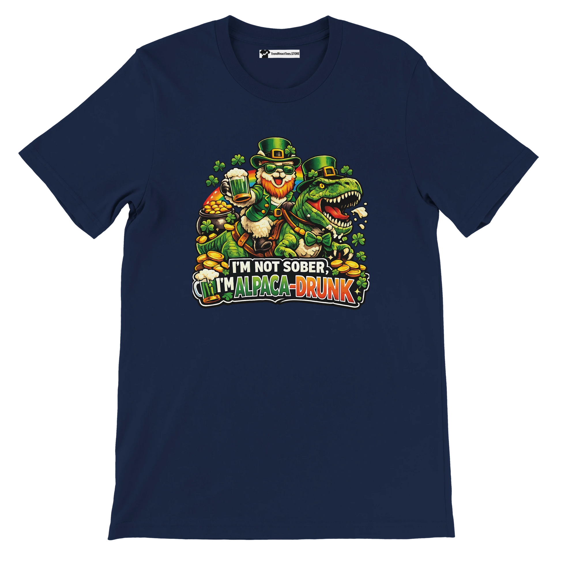 Funny St. Patrick's Day tee with leprechaun, dinosaur, and 'I'm Alpaca-Drunk' text