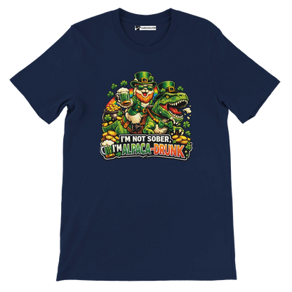 Funny St. Patrick's Day tee with leprechaun, dinosaur, and 'I'm Alpaca-Drunk' text