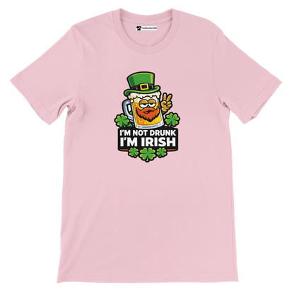 Pink t-shirt with 'I'm Not Drunk I'm Irish' design, featuring a beer mug in a green hat and shamrocks.