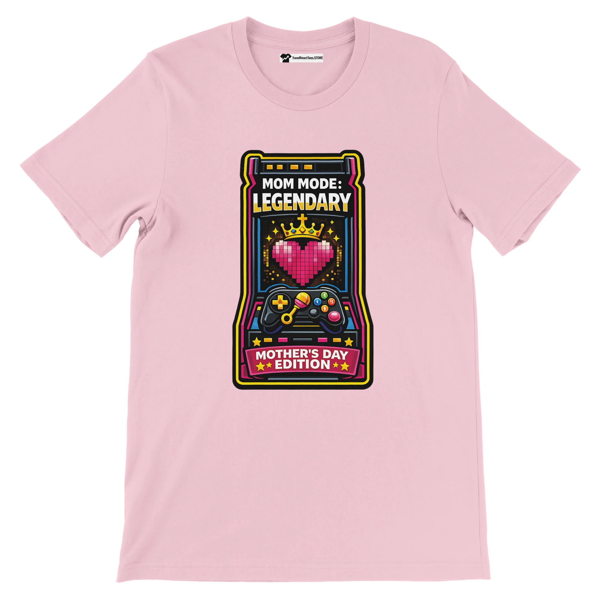 Pink t-shirt with pixelated heart, crown, game controllers, and 'Mom Mode: Legendary Mother's Day Edition' graphic.
