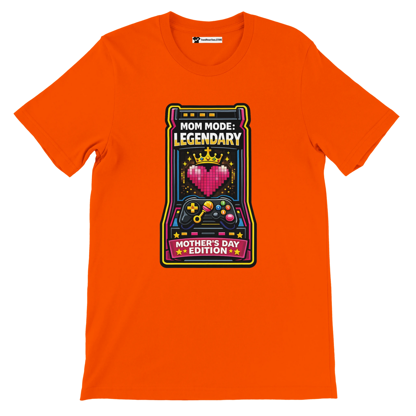 Orange tee with retro gamer design, pixel heart and crown, 'Mom Mode: Legendary Mother's Day Edition' text