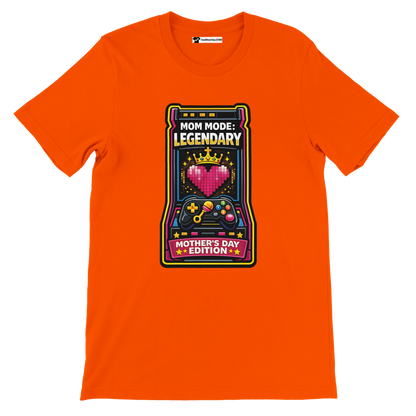 Orange tee with retro gamer design, pixel heart and crown, 'Mom Mode: Legendary Mother's Day Edition' text