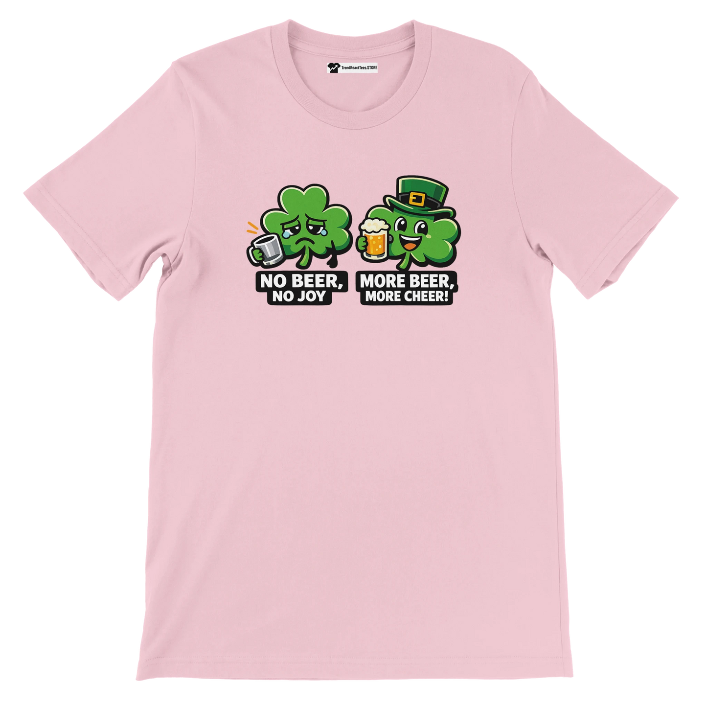 Pink t-shirt with cartoon clovers and St. Patrick’s Day beer-themed funny quote design