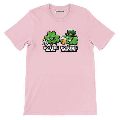 Pink t-shirt with cartoon clovers and St. Patrick’s Day beer-themed funny quote design