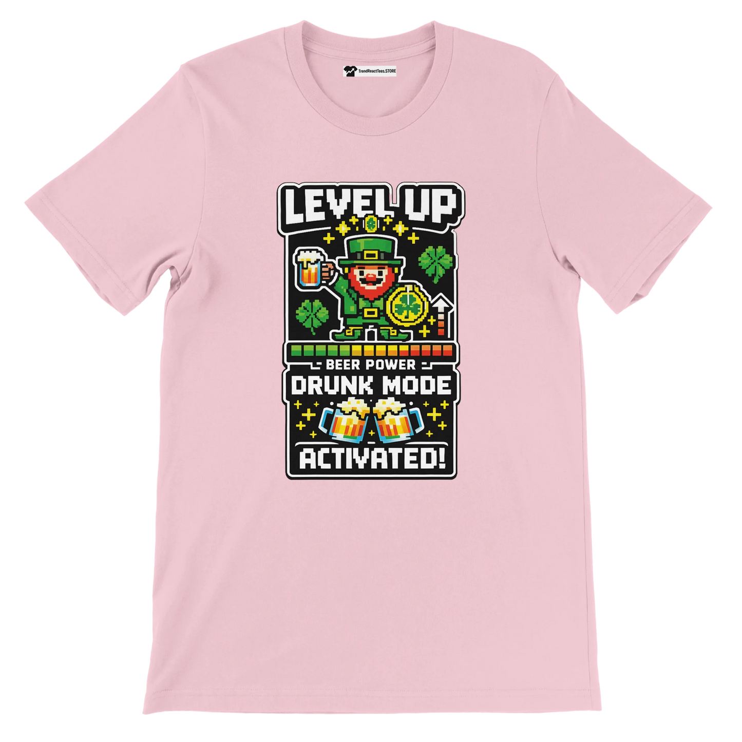 Pink tee with pixel art leprechaun, 'Level Up Drunk Mode Activated' text, shamrocks, and beer mugs for St. Patrick’s Day.