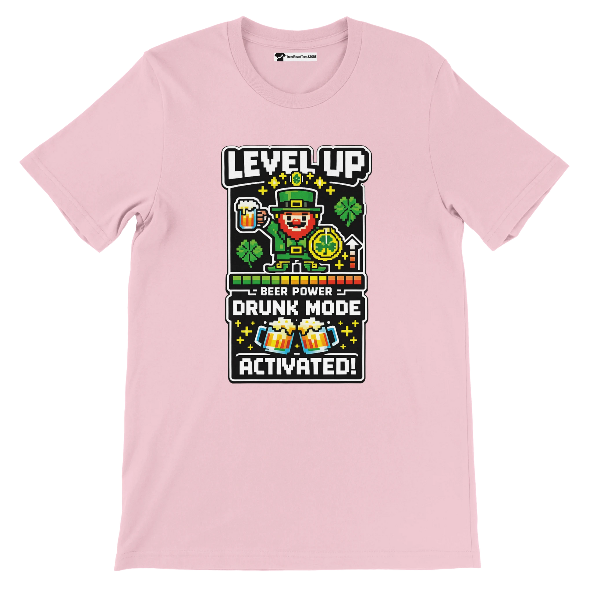 Pink tee with pixel art leprechaun, 'Level Up Drunk Mode Activated' text, shamrocks, and beer mugs for St. Patrick’s Day.