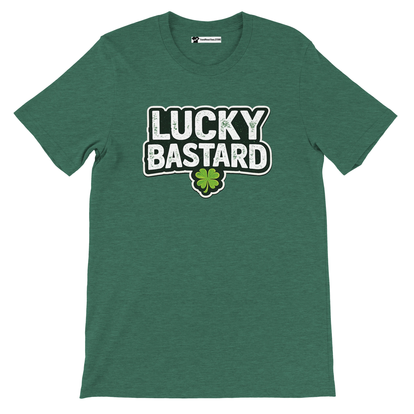 Green St. Patrick's Day tee with 'Lucky Bastard' text and shamrock graphic, holiday apparel