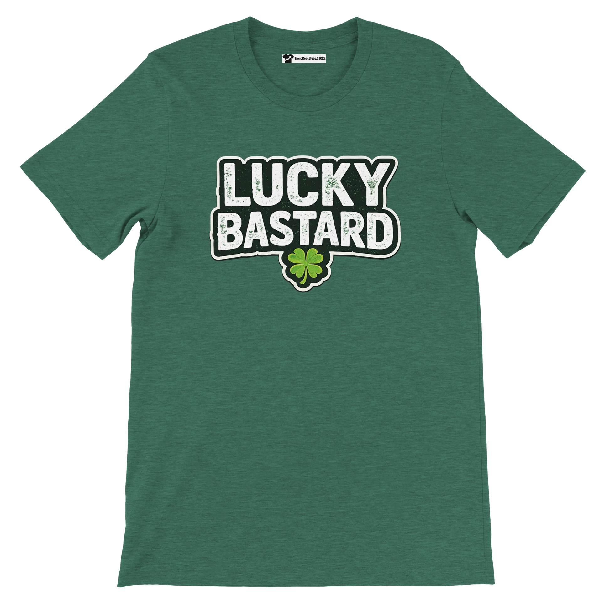 Green St. Patrick's Day tee with 'Lucky Bastard' text and shamrock graphic, holiday apparel