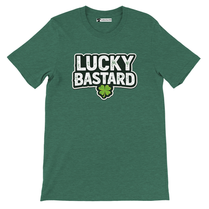 Green St. Patrick's Day tee with 'Lucky Bastard' text and shamrock graphic, holiday apparel