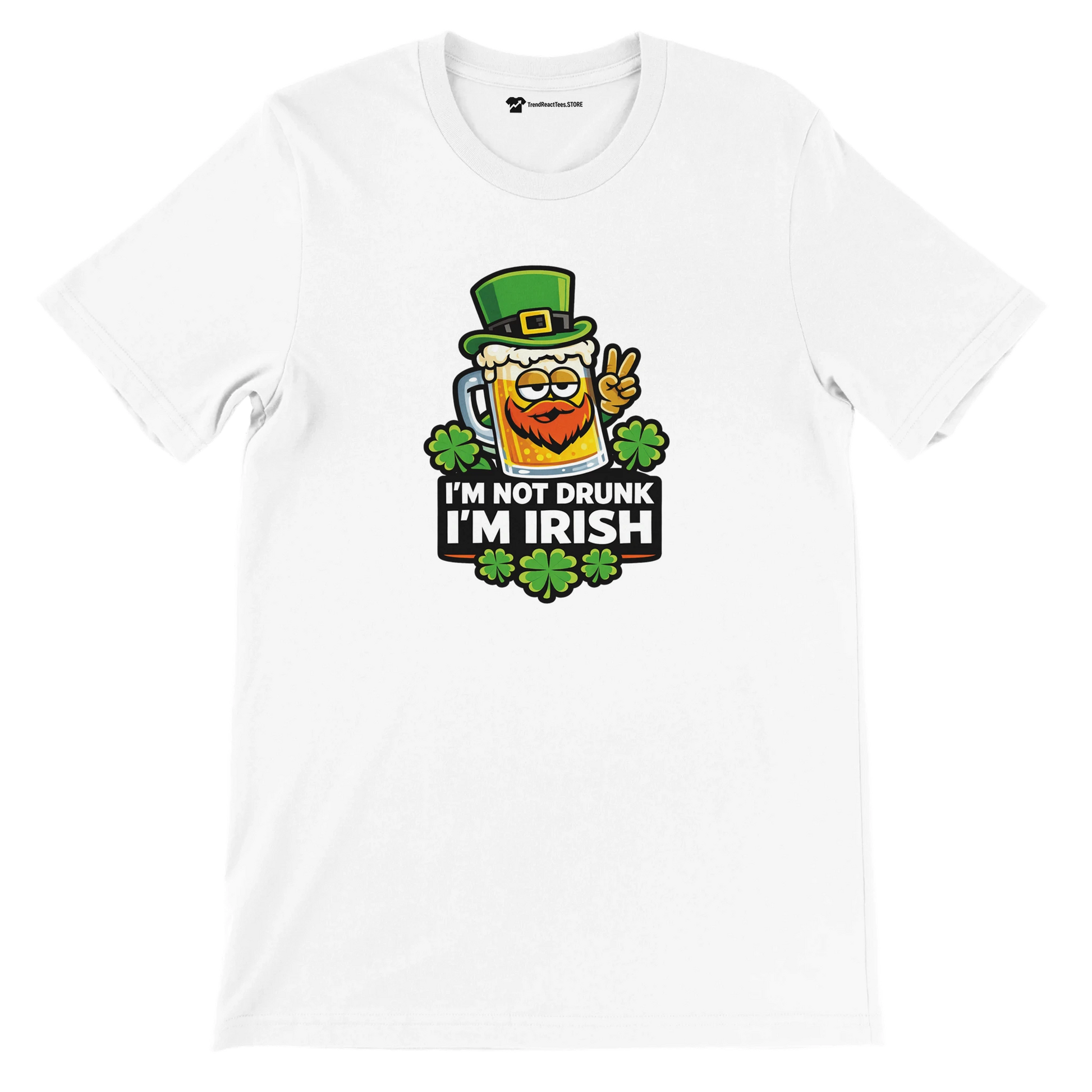 White t-shirt with 'I'm Not Drunk I'm Irish' design, beer mug, green hat, and shamrocks for St. Patrick's Day.