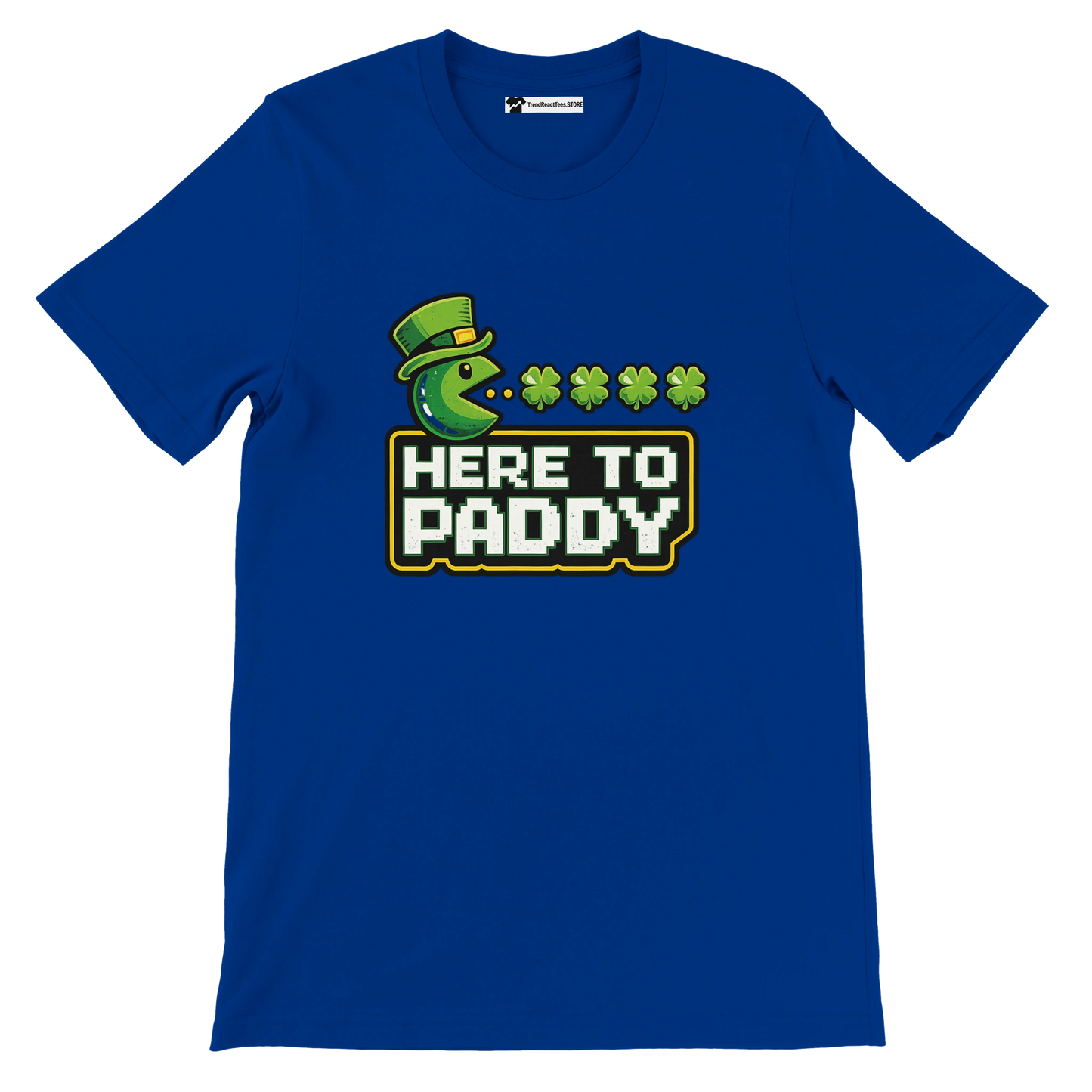 Blue St. Patrick's Day tee with Pac-Man in leprechaun hat, shamrocks, and 'Here to Paddy' text
