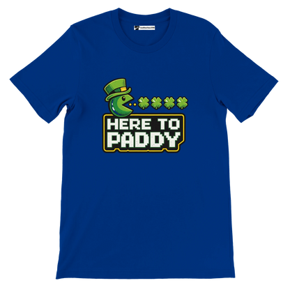 Blue St. Patrick's Day tee with Pac-Man in leprechaun hat, shamrocks, and 'Here to Paddy' text