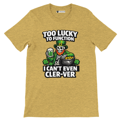 Funny St. Patrick's Day tee with skeleton leprechaun, beer, and gold coins. Perfect for holiday humor.