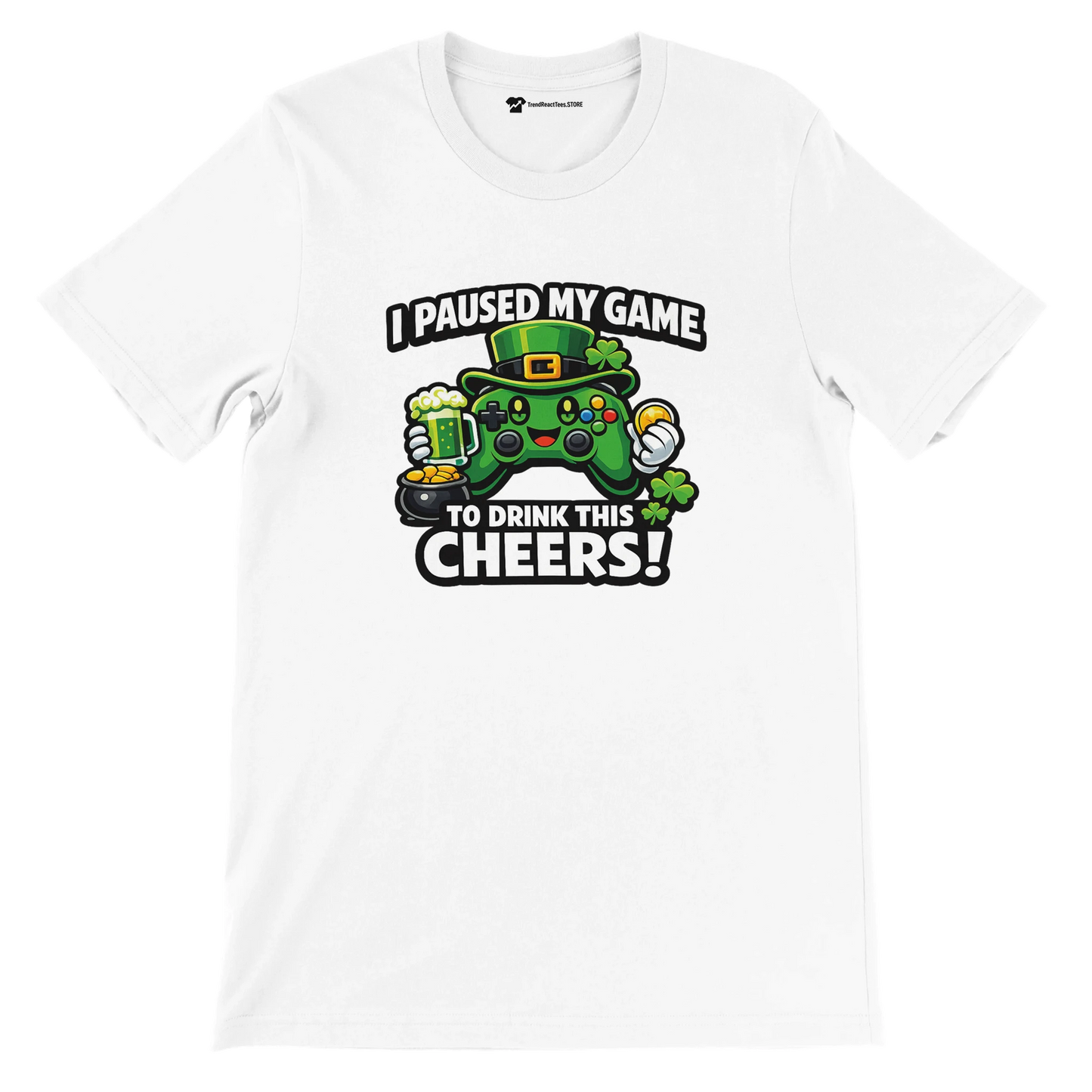White t-shirt with St. Patrick’s Day gamer design, featuring a green controller, clovers, and beer mug.