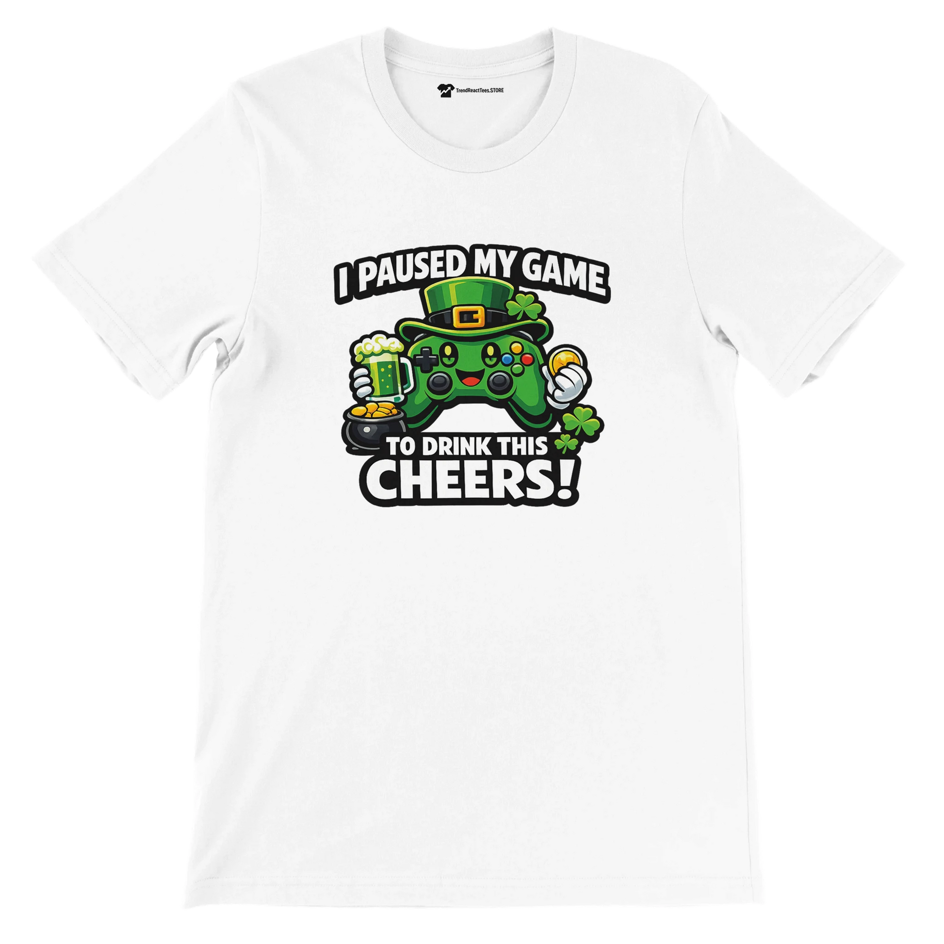 White t-shirt with St. Patrick’s Day gamer design, featuring a green controller, clovers, and beer mug.