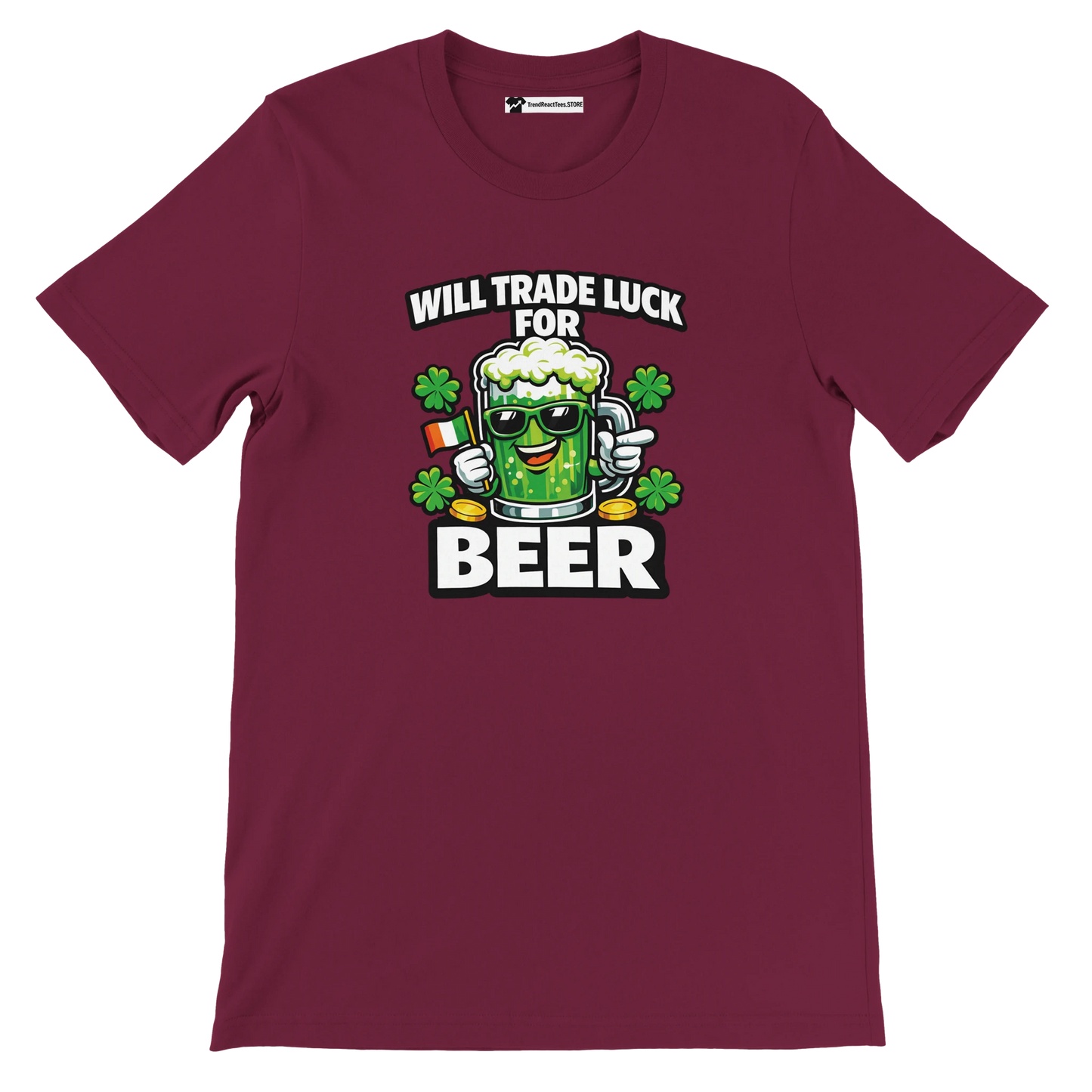 Will Trade Luck for Beer St. Patrick's Day T-Shirt with Green Beer Mug and Shamrocks