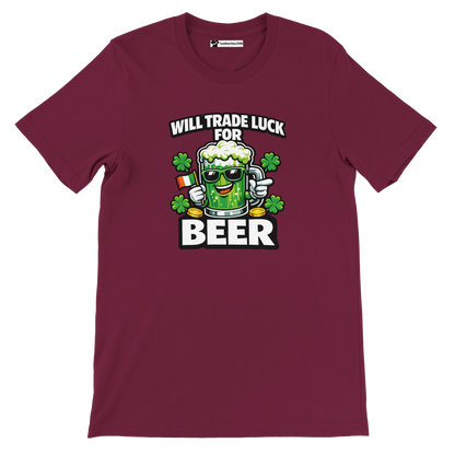Will Trade Luck for Beer St. Patrick's Day T-Shirt with Green Beer Mug and Shamrocks