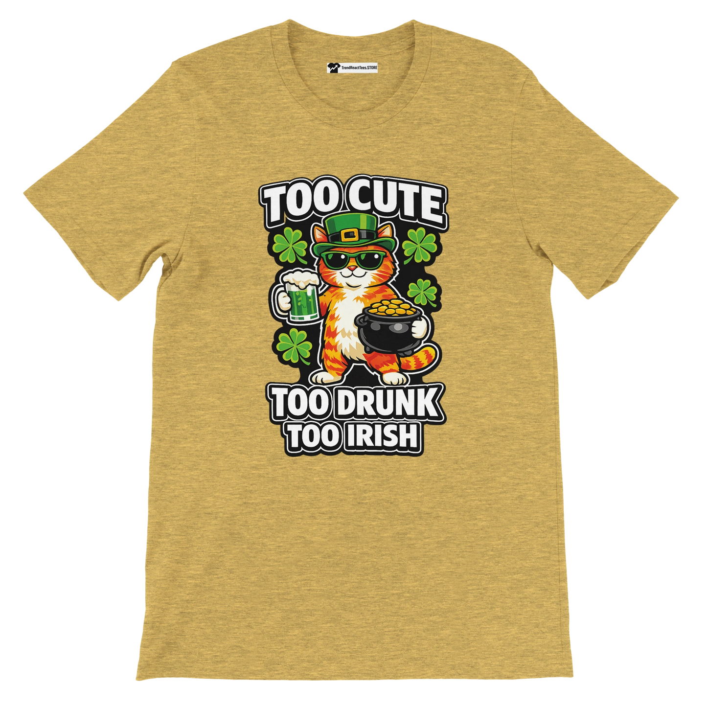 St. Patrick’s Day tee with a cute cat holding beer and gold, surrounded by shamrocks.