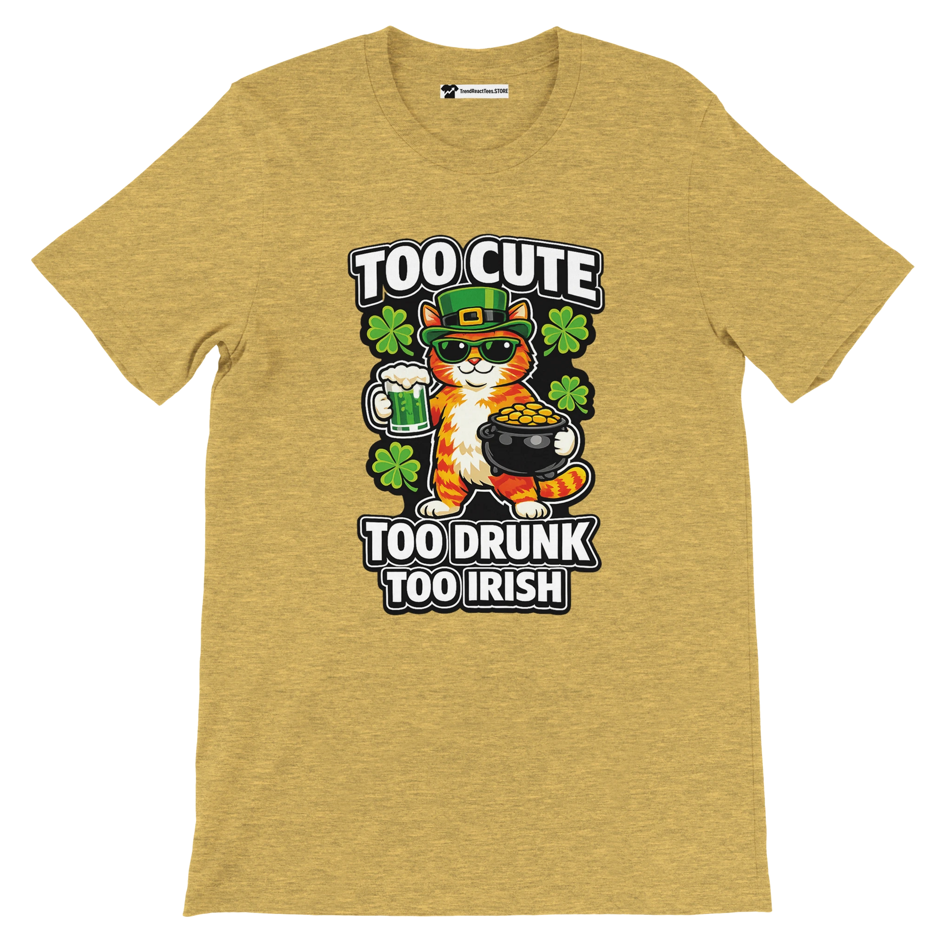 St. Patrick’s Day tee with a cute cat holding beer and gold, surrounded by shamrocks.