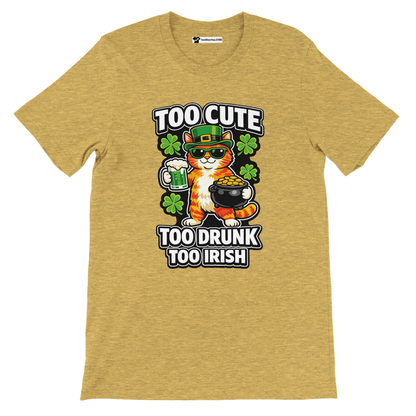 St. Patrick’s Day tee with a cute cat holding beer and gold, surrounded by shamrocks.