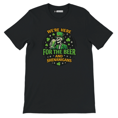 Black t-shirt with a skeleton leprechaun holding beer, shamrocks, and St. Patrick’s Day quote.