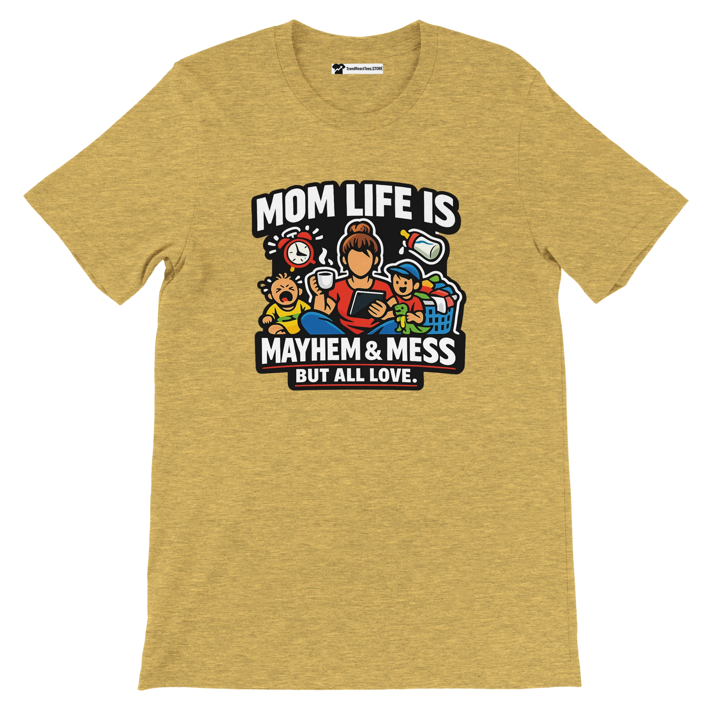 Yellow tee with cartoon mom, kids, laundry basket, coffee, and text 'Mom Life is Mayhem & Mess But All Love'.