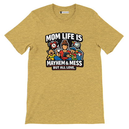 Yellow tee with cartoon mom, kids, laundry basket, coffee, and text 'Mom Life is Mayhem & Mess But All Love'.