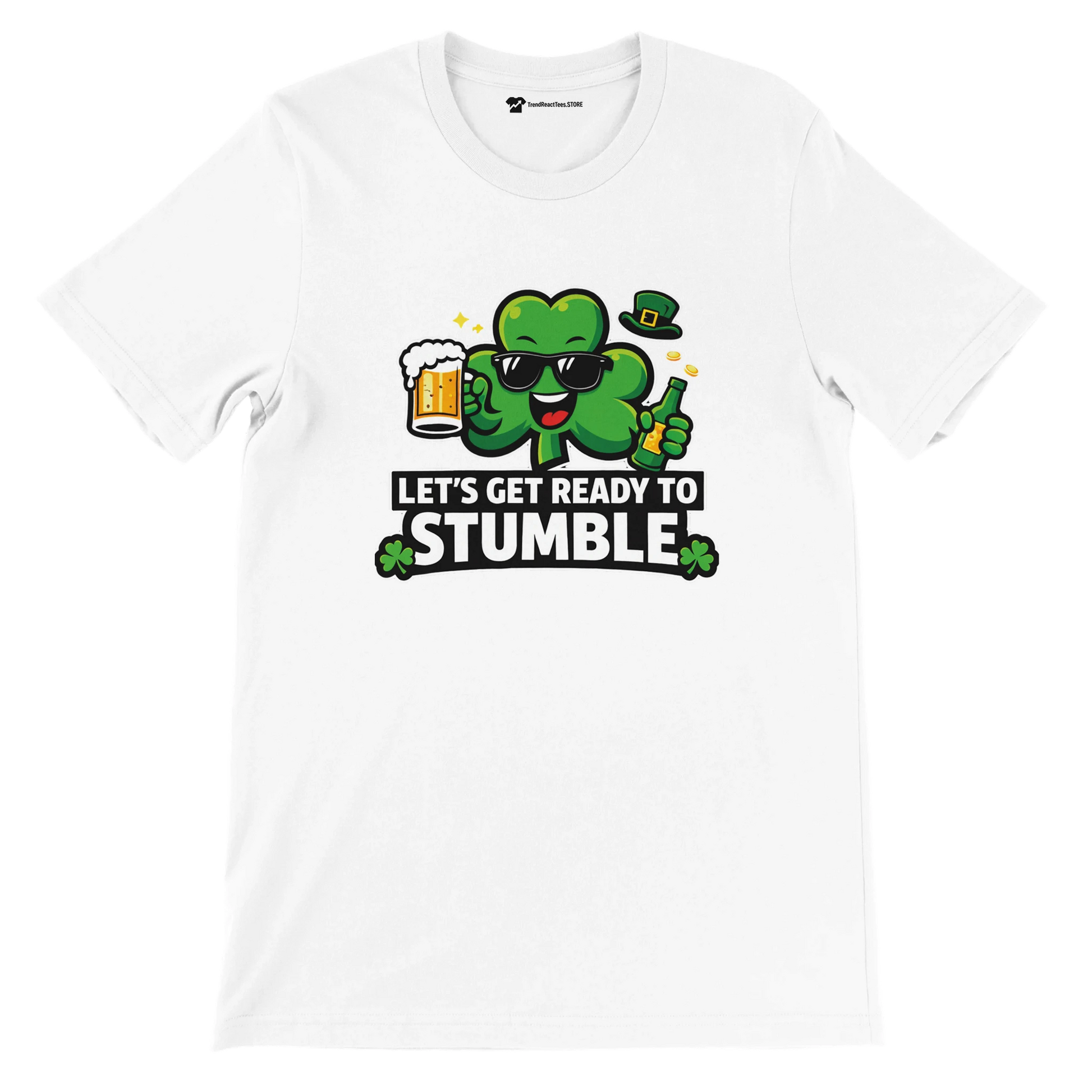 White T-shirt with cartoon shamrock, beer, and 'Let's Get Ready to Stumble' St. Patrick's Day quote